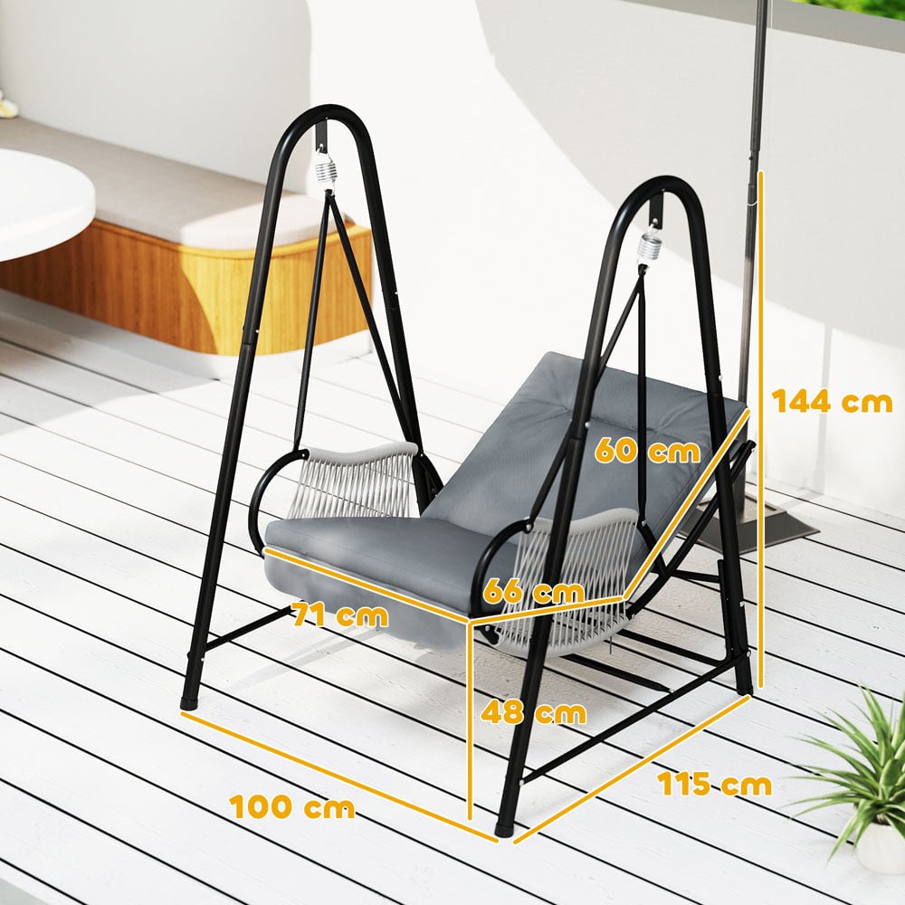Outsunny Black and Light Grey Rattan Swing Chair with Stand and Cushion Image 9