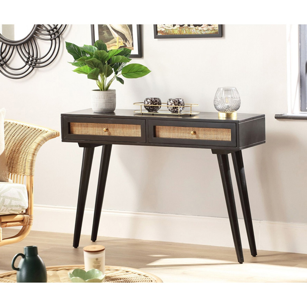 Desser Manhattan 2 Drawer Black Mango Wood and Rattan Console Table Image 7