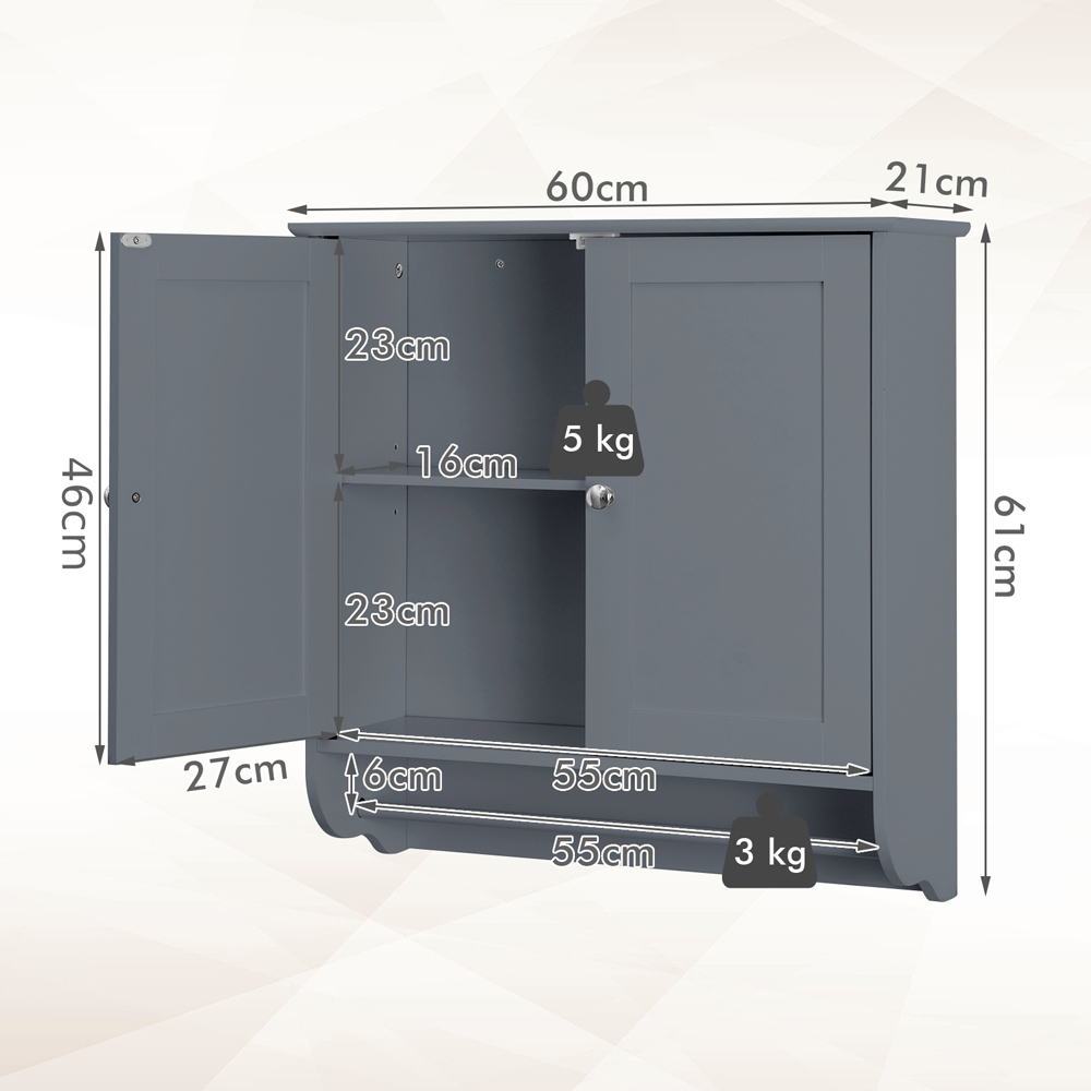 Costway 2 Door Grey Wall Mounted Bathroom Cabinet with Towel Rack Image 9