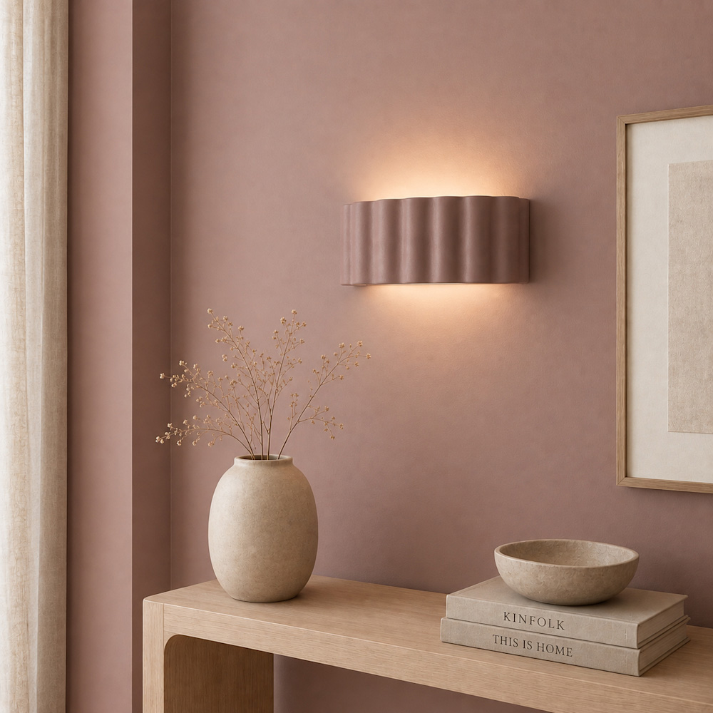 ValueLights Pablo Dusky Pink Ribbed Ceramic Flush Wall Light with Bulb Image 5