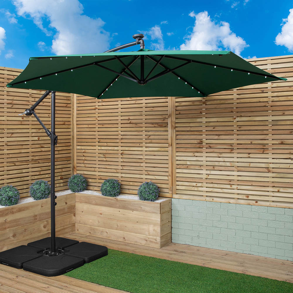 Samuel Alexander Green Solar LED Crank Banana Hanging Parasol with Base Weights 3m Image 2