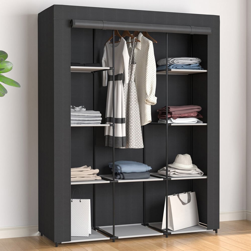Steel Frame Fabric Wardrobe Black Image 1