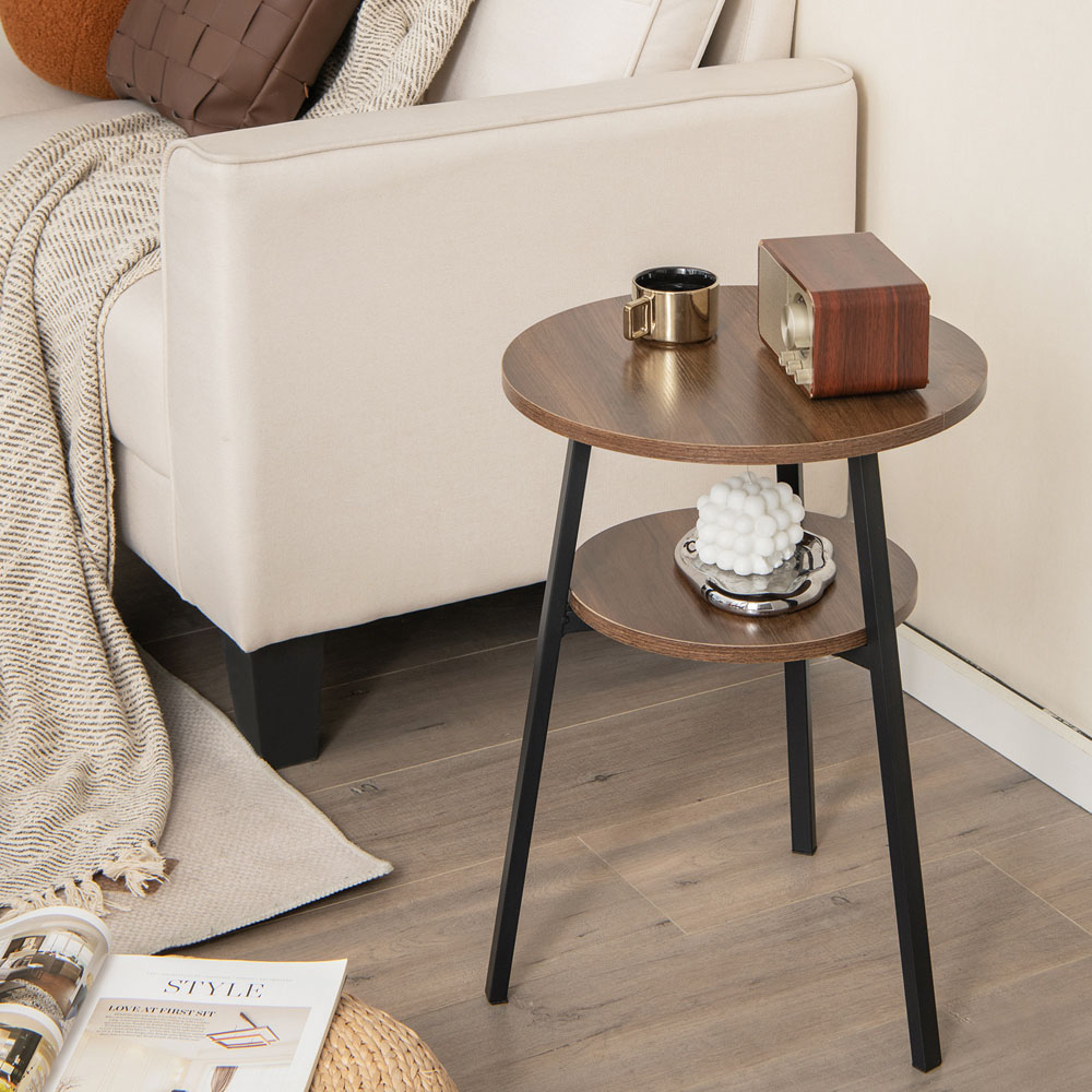 Costway Single Shelf Walnut Round End Table Set of 2 Image 4