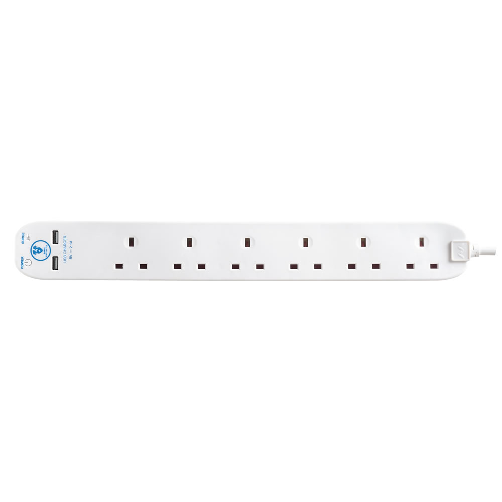 Wilko Extension Lead with USB 1m 6 Gang White Image 3