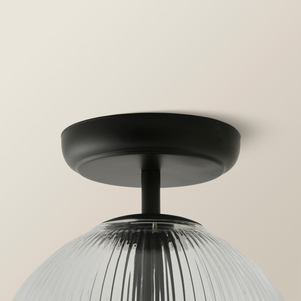ValueLights Kempton Matt Black Ribbed Globe Shade Flush Ceiling Light with Bulb Image 4