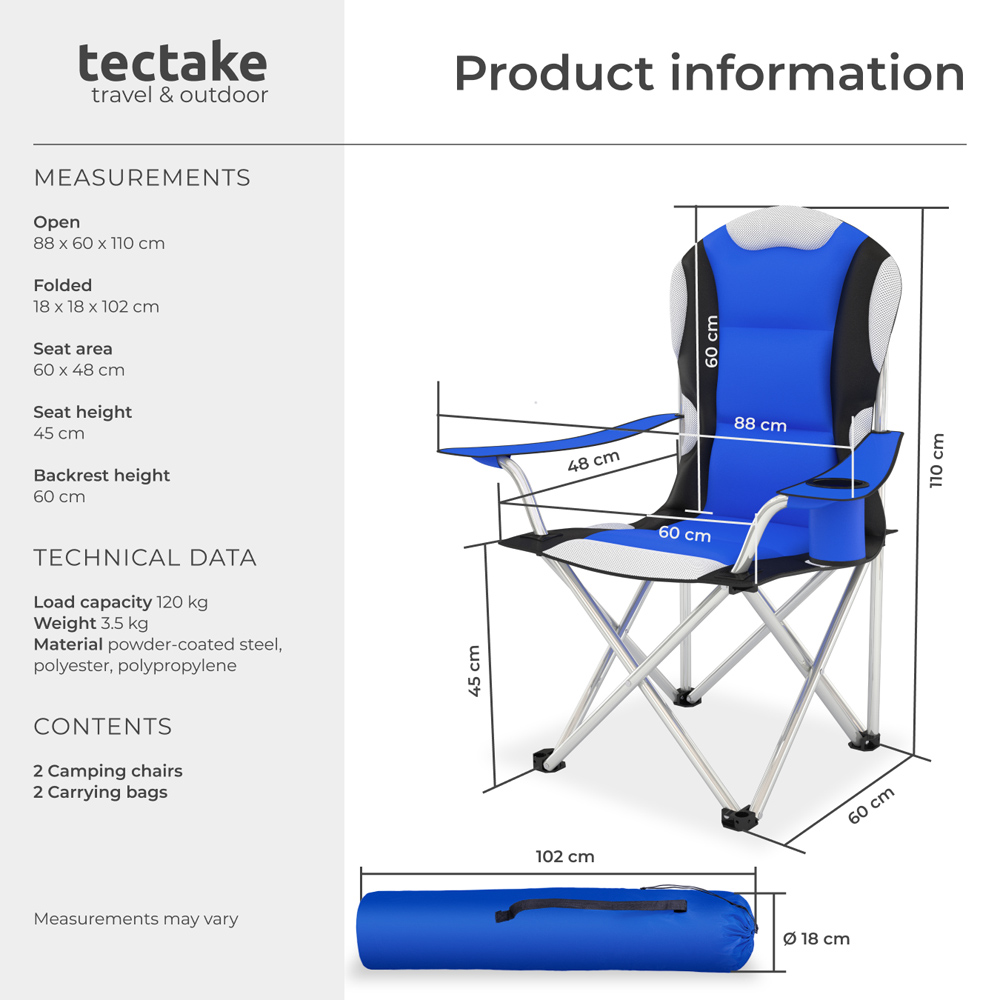 tectake 2 Piece Blue Padded Camping Chair Set Image 9