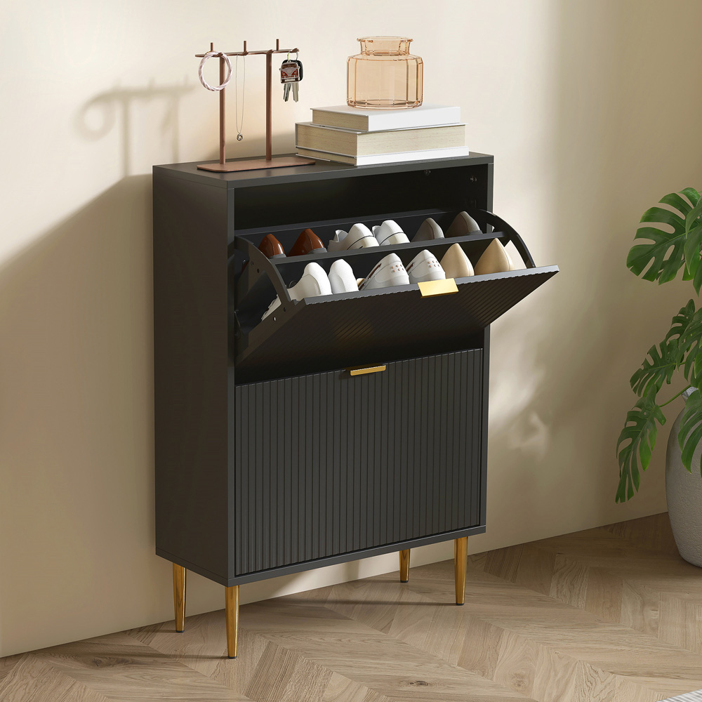 Portland 2 Flip Drawer Black Slim Shoe Storage Cabinet Image 3