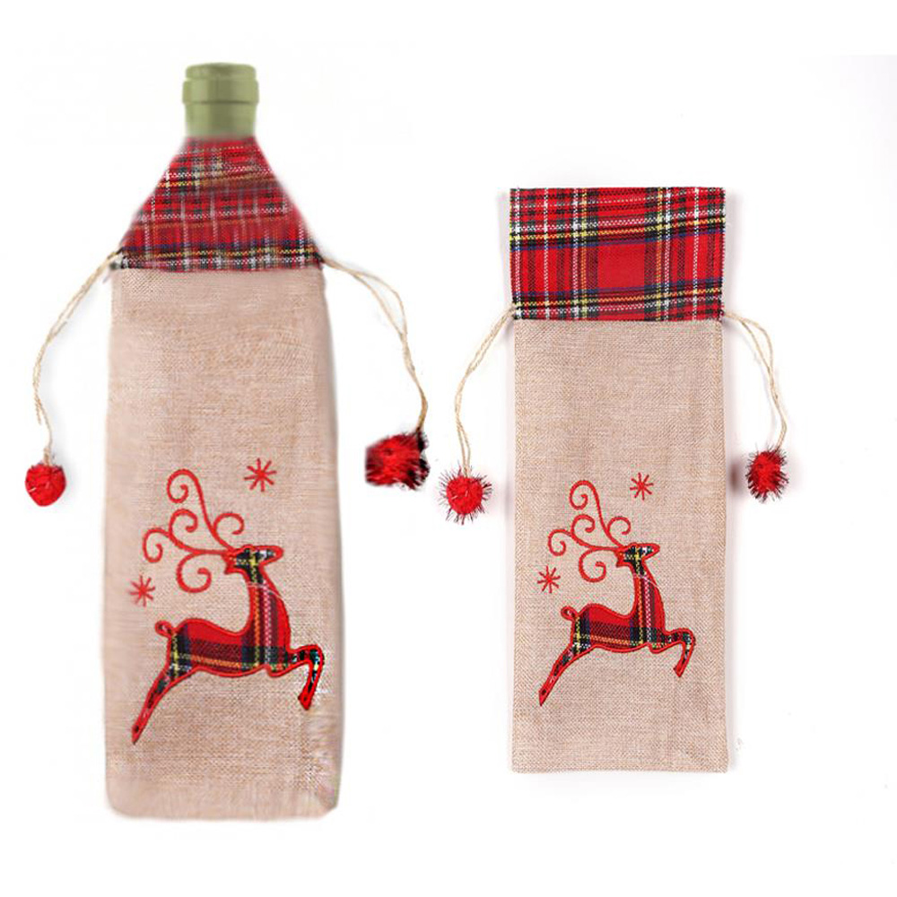 Shatchi Christmas Printed Burlap Hessian Linen Wine Bottle Liquor Cover Bag with Drawstring Image 3