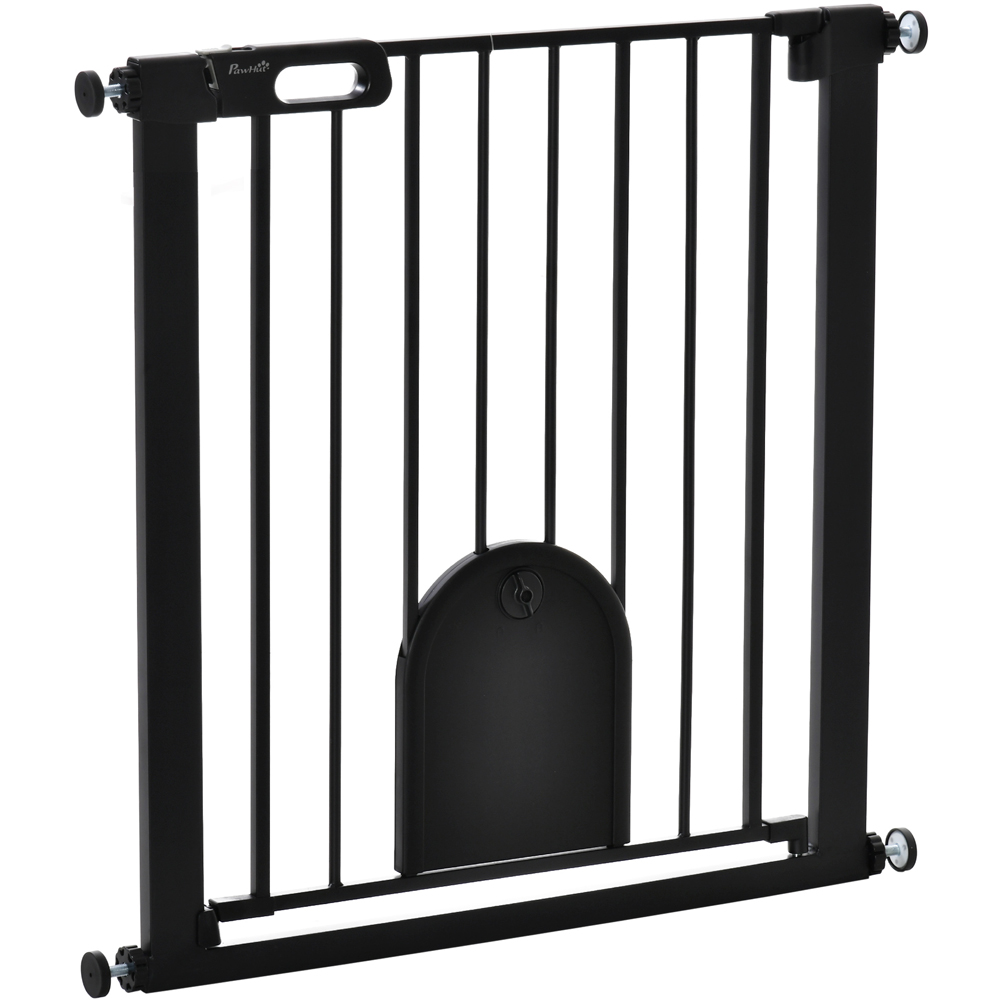 PawHut Black 75-82cm Stair Pressure Fit Pet Safety Gate with Small Cat Flap Image 1
