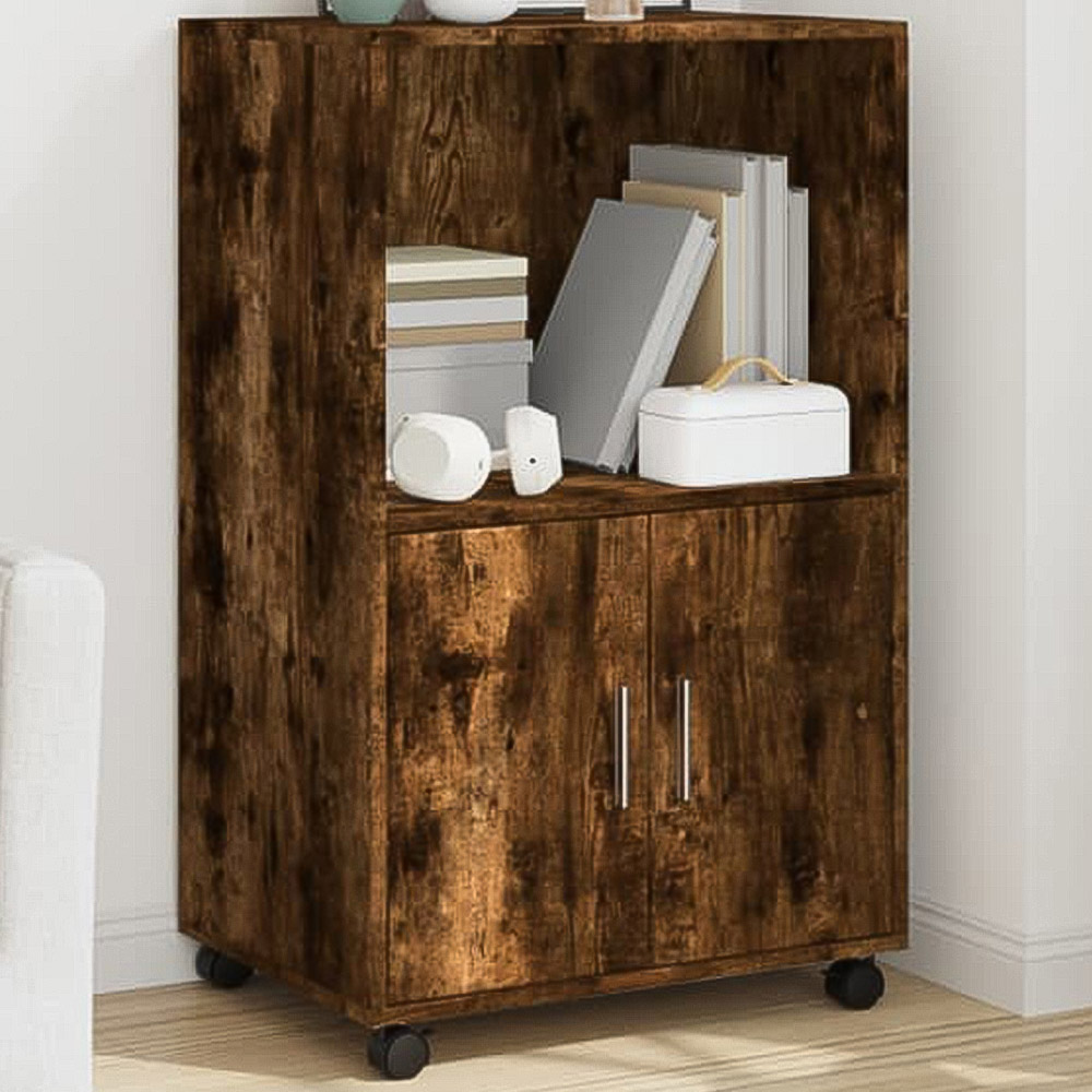 vidaXL 2 Door Single Open Shelf Smoked Oak Rolling Storage Cabinet Image 1