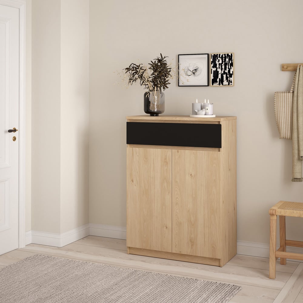 Florence 2 Door Single Drawer Jackson Hickory Oak and Black Shoe Cabinet Image 5