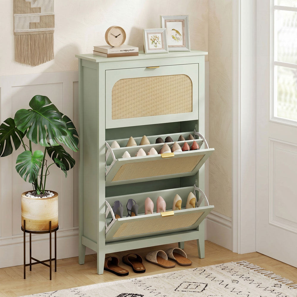 HOMCOM 3 Flip Door Green Rattan Boho-Style Slim Shoe Cabinet Image 4