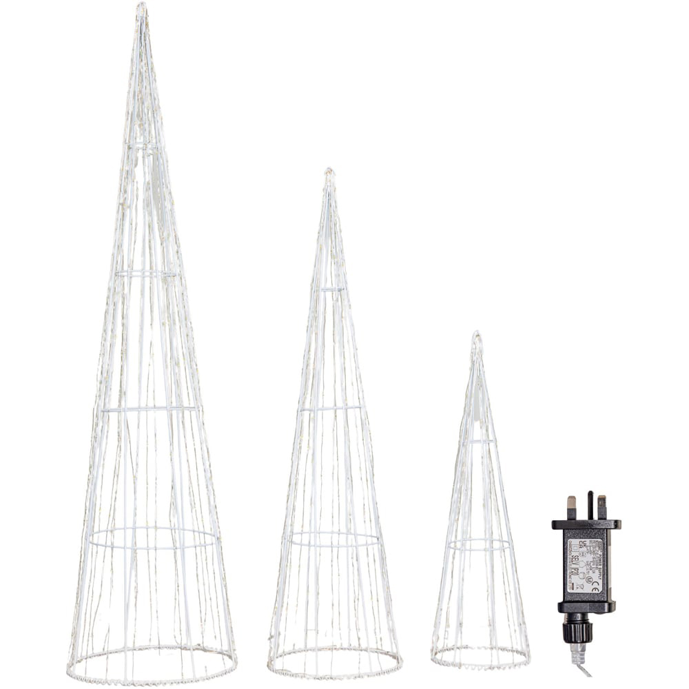 Samuel Alexander Warm White LED Light Up White Metal Dewdrop Christmas Cone Tree Set of 3 Image 1