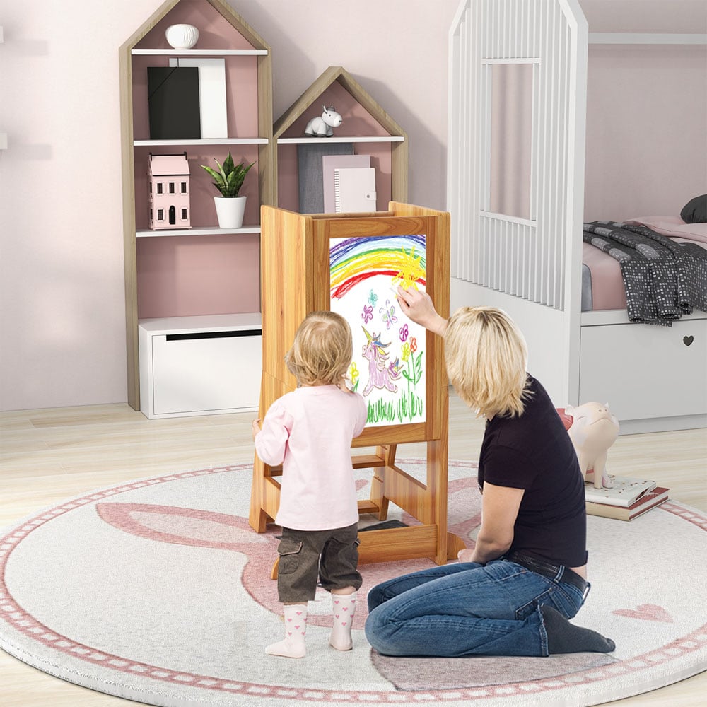 Costway Toddler Natural Kitchen Stool with Chalkboard and Whiteboard Image 4