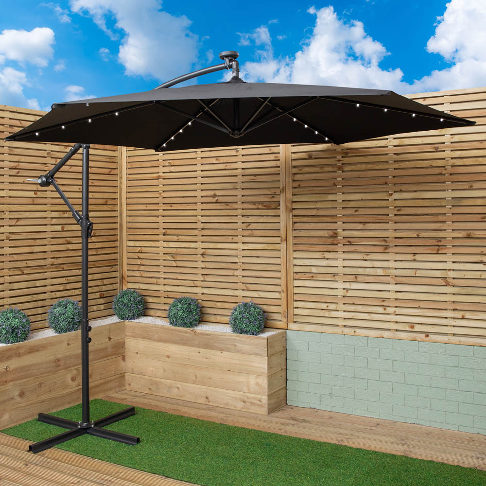 Samuel Alexander Black Solar LED Crank Banana Hanging Parasol with Base Weights 3m Image 2