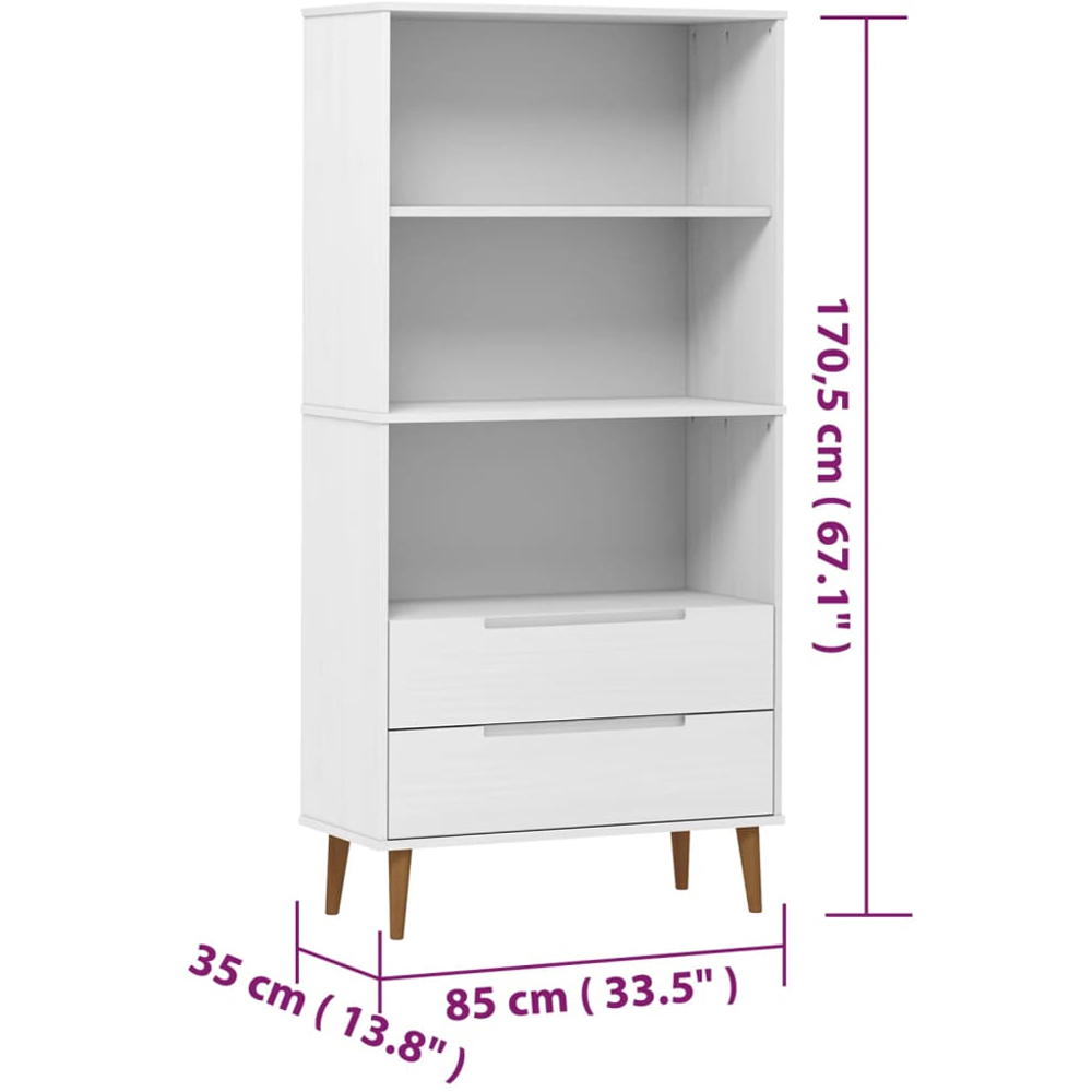 vidaXL 2 Drawer 3 Shelf White Pine Wood Bookcase Image 9