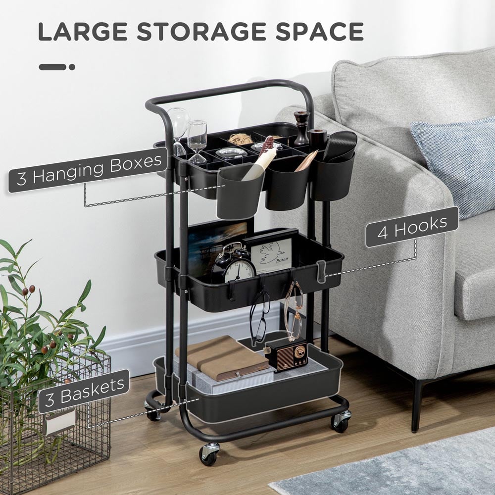 HOMCOM 3-Tier Black Kitchen Trolley with Baskets Image 8