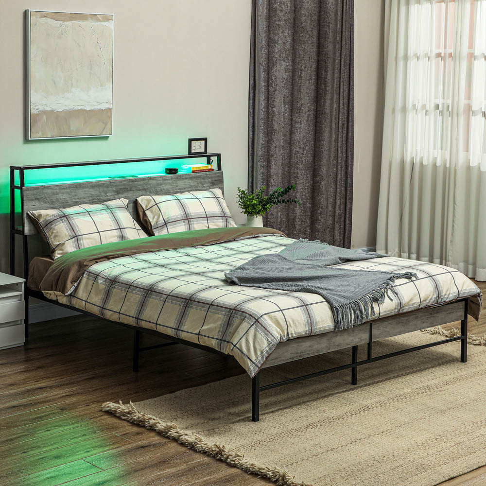 Portland King Size Cement Grey Bed Frame with Charging Station and Lights Image 1
