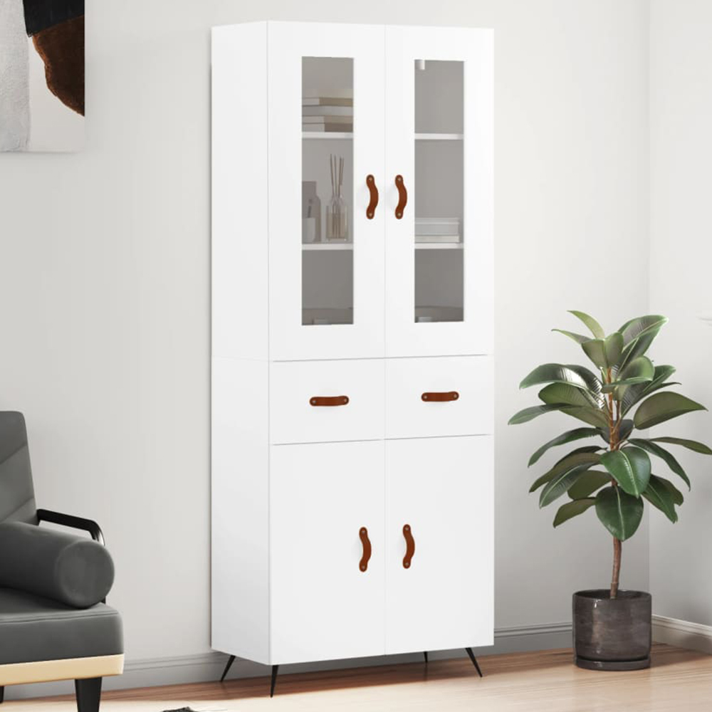 vidaXL 4 Door 2 Drawer White Glass Highboard Image 1