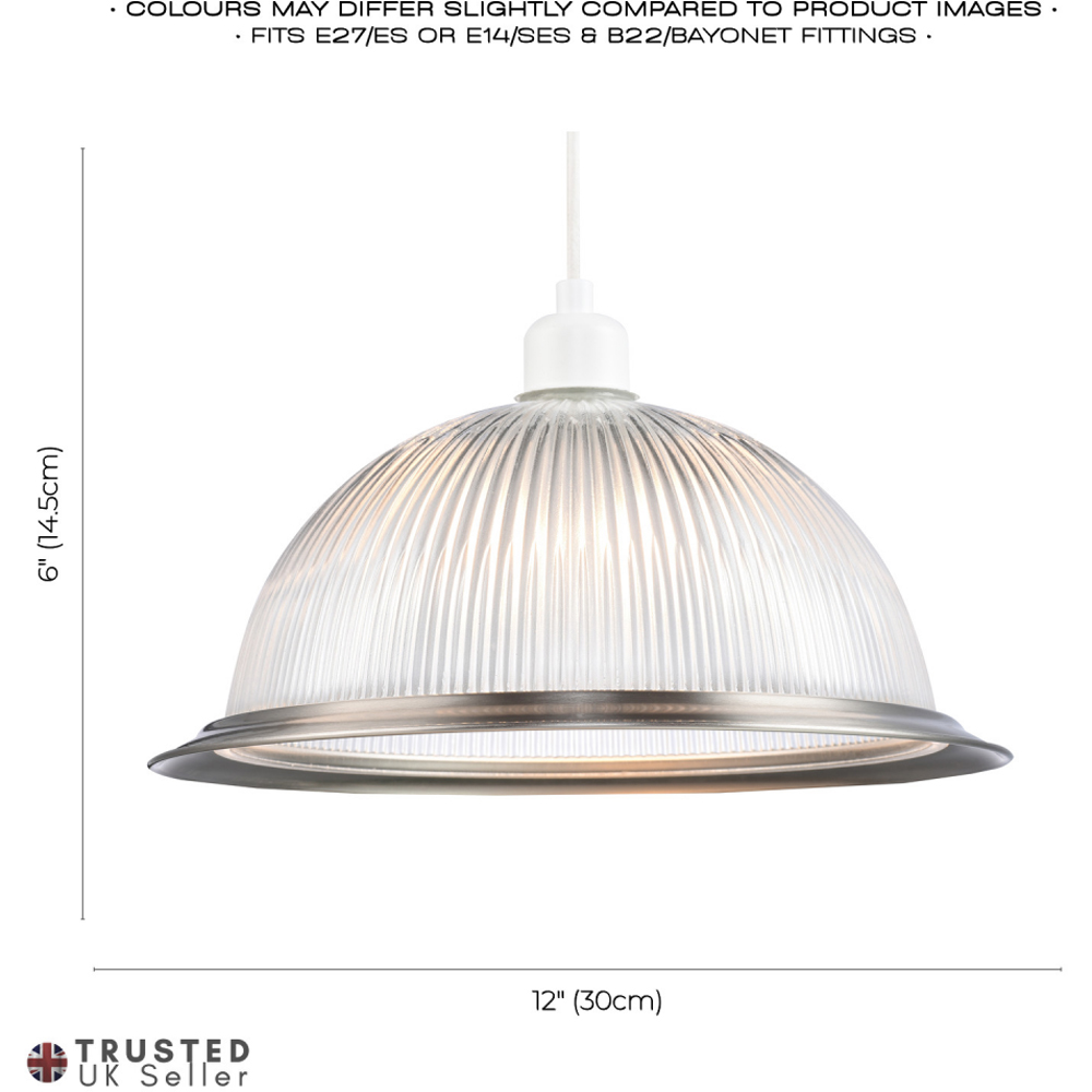 Happy Homewares American Diner Satin Nickel Trim and Ribbed Glass Pendant Shade Image 4
