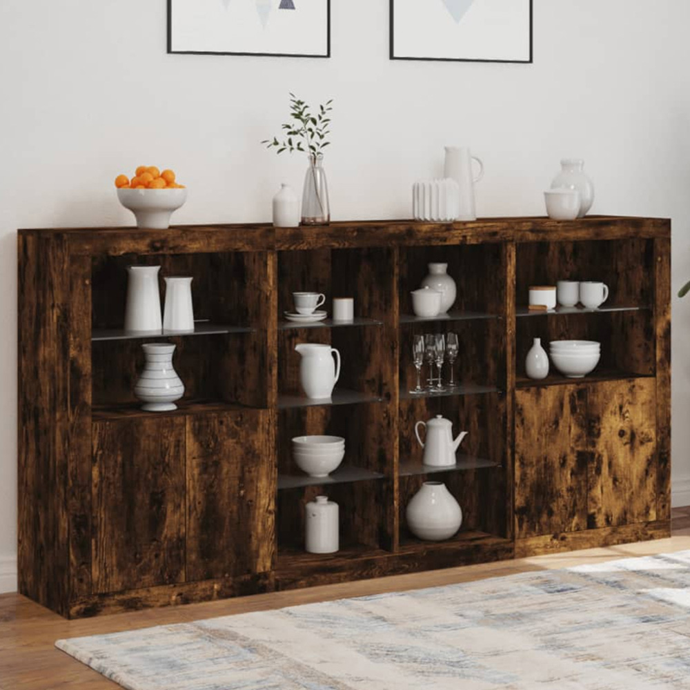 vidaXL 4 Door 12 Shelf Smoked Oak Sideboard with LED Lights Image 1