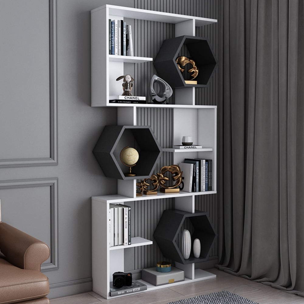 Decorotika Darla 9 Shelf White and Anthracite Geometric Bookcase Image 1