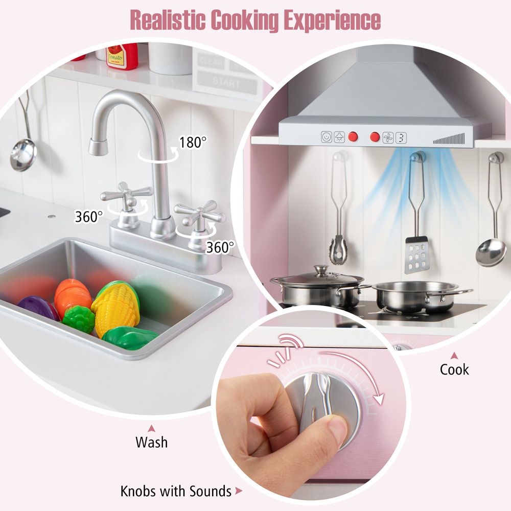 Costway Pink Kids Adjustable Wooden Kitchen Play Set with Washing Machine Image 3