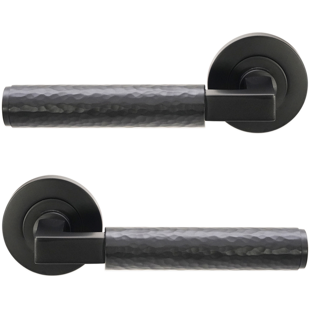 Spira Brass Hammered Knurlmond Matt Black Lever on Rose Door Handle 2 Pack Image 1