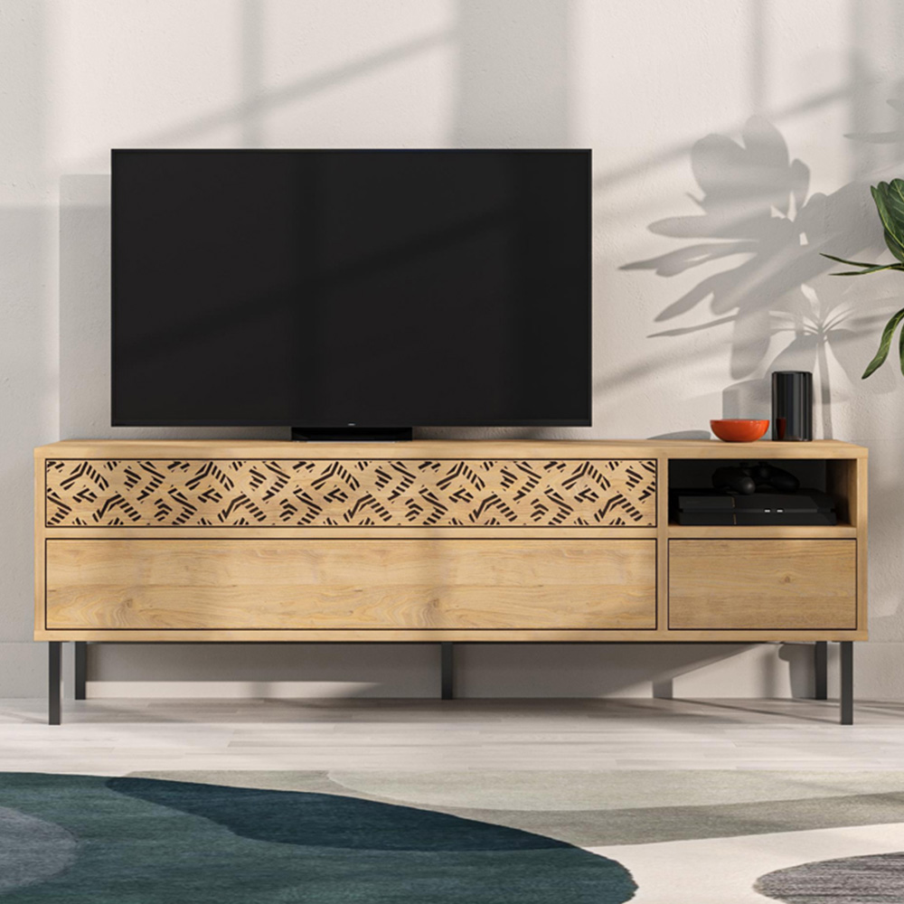 Decortie Heaton 3 Drawer Single Shelf Sapphire Oak TV Stand Image 1