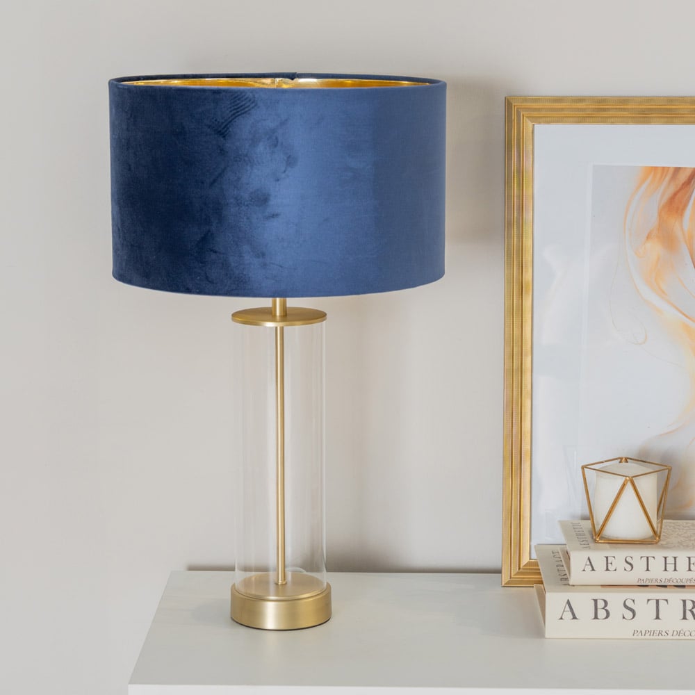 ValueLights Balan Gold Glass LED Table Lamp with Navy Blue and Gold Velvet Lamp Shade Image 2