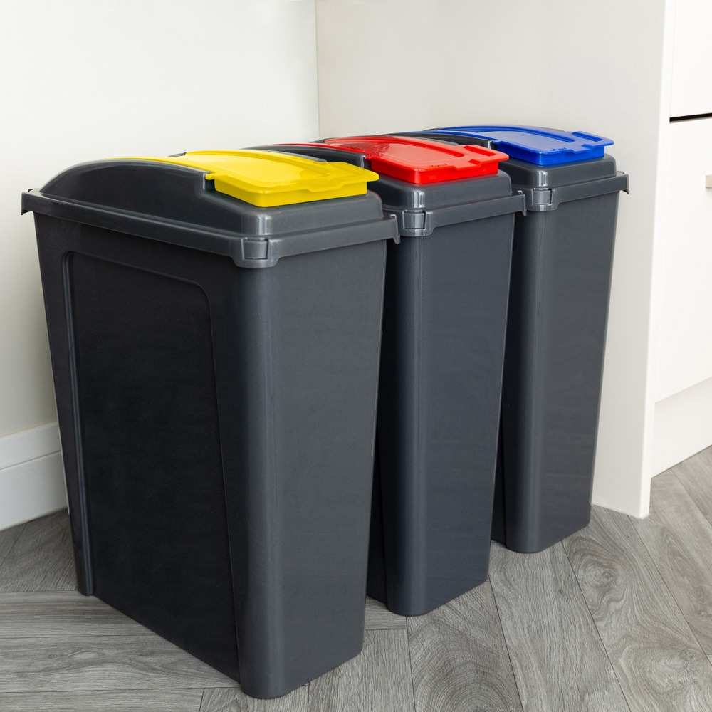 Wham 3 Piece 25L Plastic Recycle Bin Graphite/Asst Red/Blue/Yellow Lids Image 2
