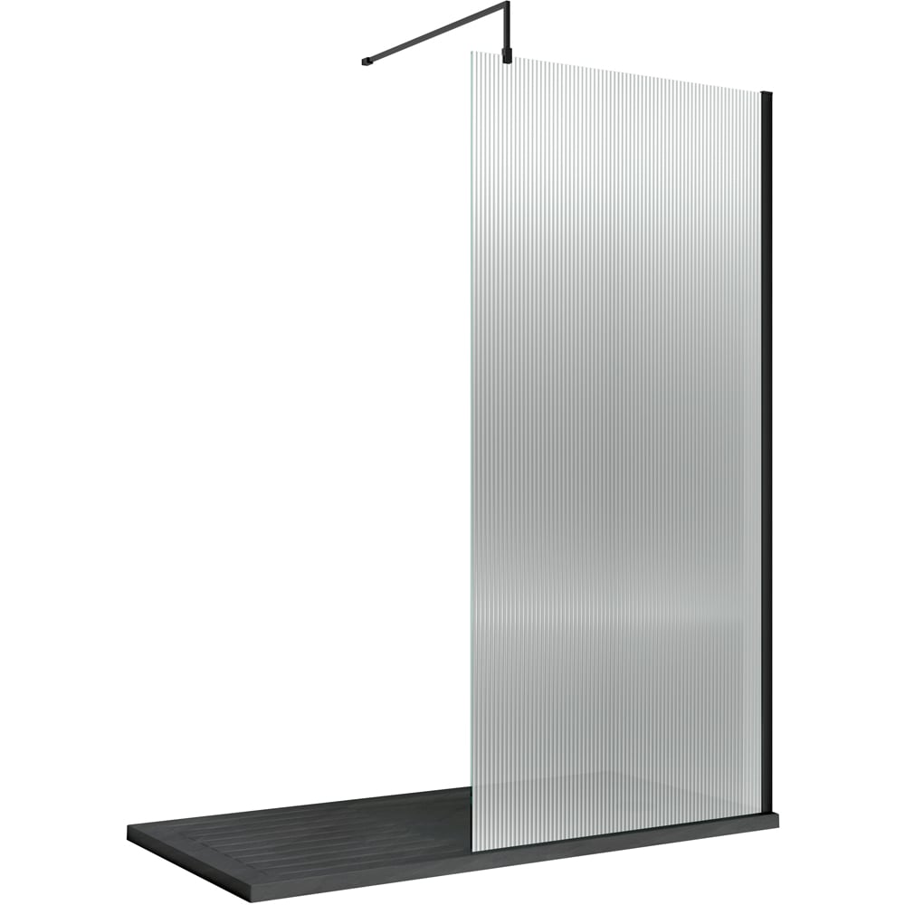 nuie Matt Black Fluted Wetroom Screen with Support Bar 1850 x 1000mm Image 1