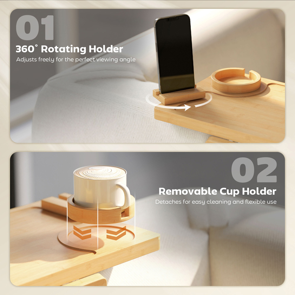 HOMCOM Natural Anti-Slip Sofa Armrest Tray with Phone and Cup Holder Image 7