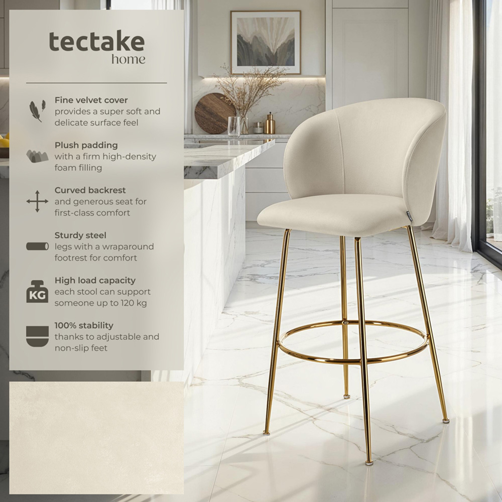 tectake Luana Cream and Gold Velvet Look Padded Bar Stool Set of 2 Image 3
