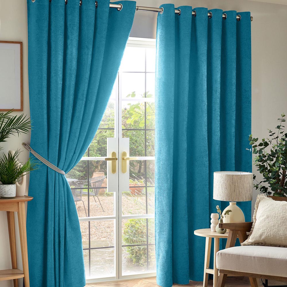 Alan Symonds Teal Chenille Blackout Ring Top Eyelet Curtains 117 x 229cm Image 1