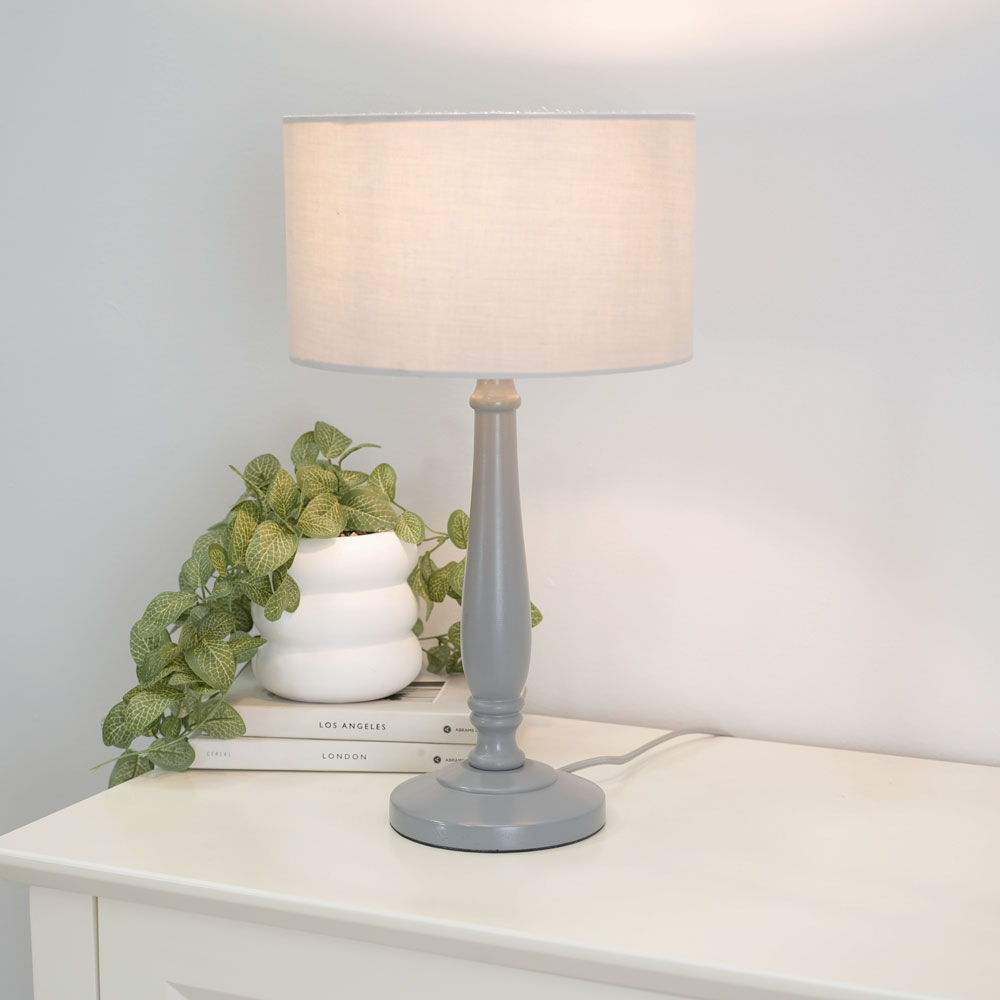 ValueLights Victoria Grey Fabric Drum Shade Grey Wood Traditional Stem LED Table Lamp Image 2