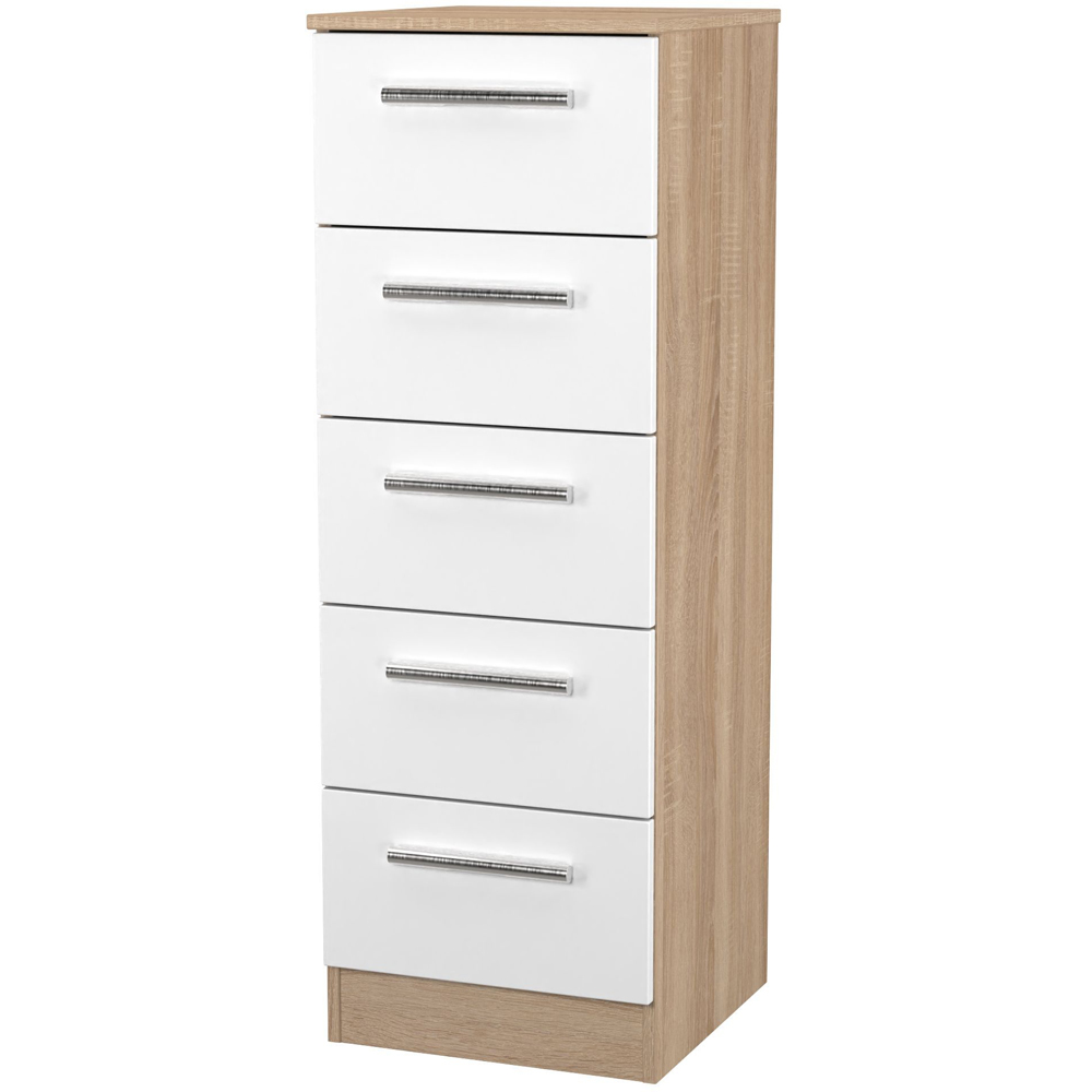 Crowndale Contrast 5 Drawer White Matt and Bardolino Oak Tall Bedside Cabinet Ready Assembled Image 4