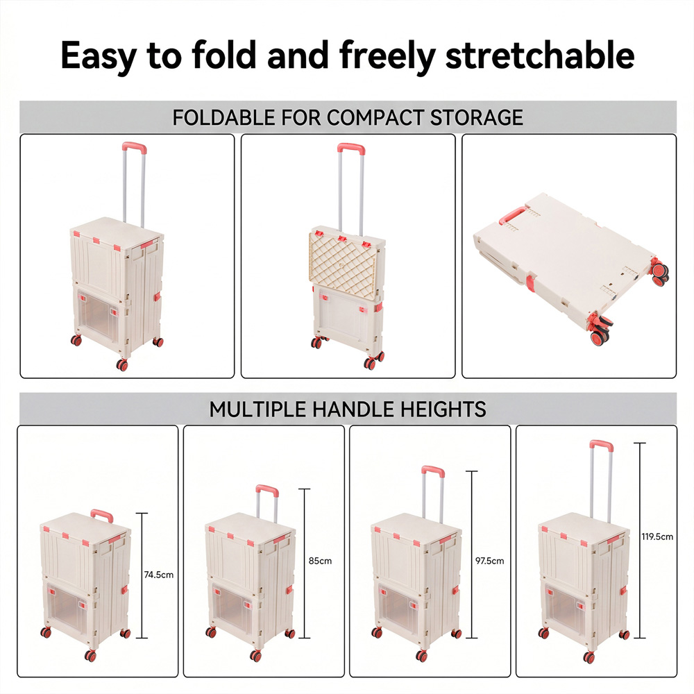Living and Home Beige White Double Tier Foldable Shopping Trolley 72L Image 7
