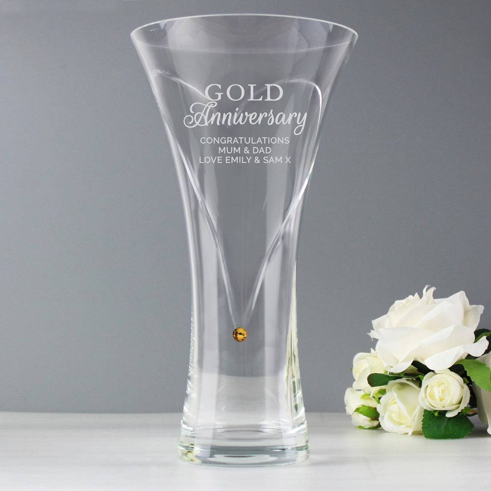 Personalised Memento Personalised Gold Anniversary Large Hand Cut Diamante Heart Vase Image 2