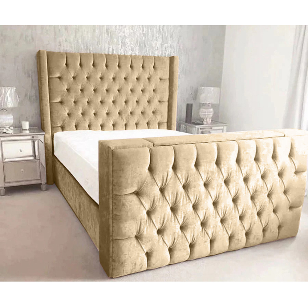 Eleganza Home Lokie King Size Beige Plush TV Bed Frame with Headboard and Footboard Image 2