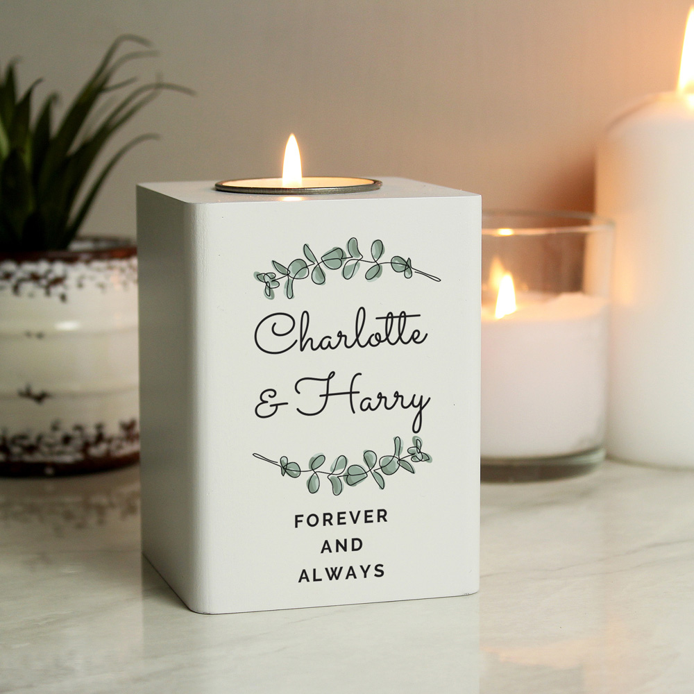 Personalised Memento Personalised Botanical White Wooden Tea Light Holder Image 2