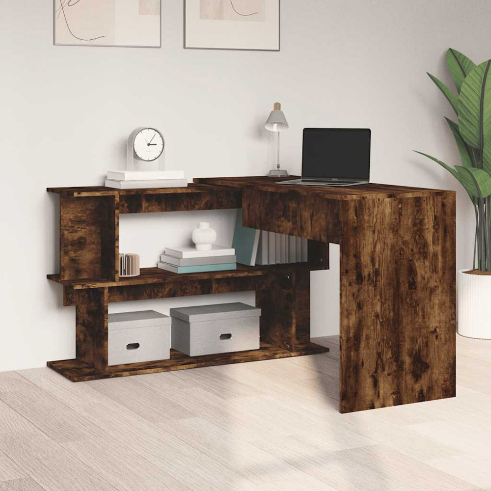 vidaXL 2 Shelf Rotatable Corner Office Desk Smoked Oak Image 7