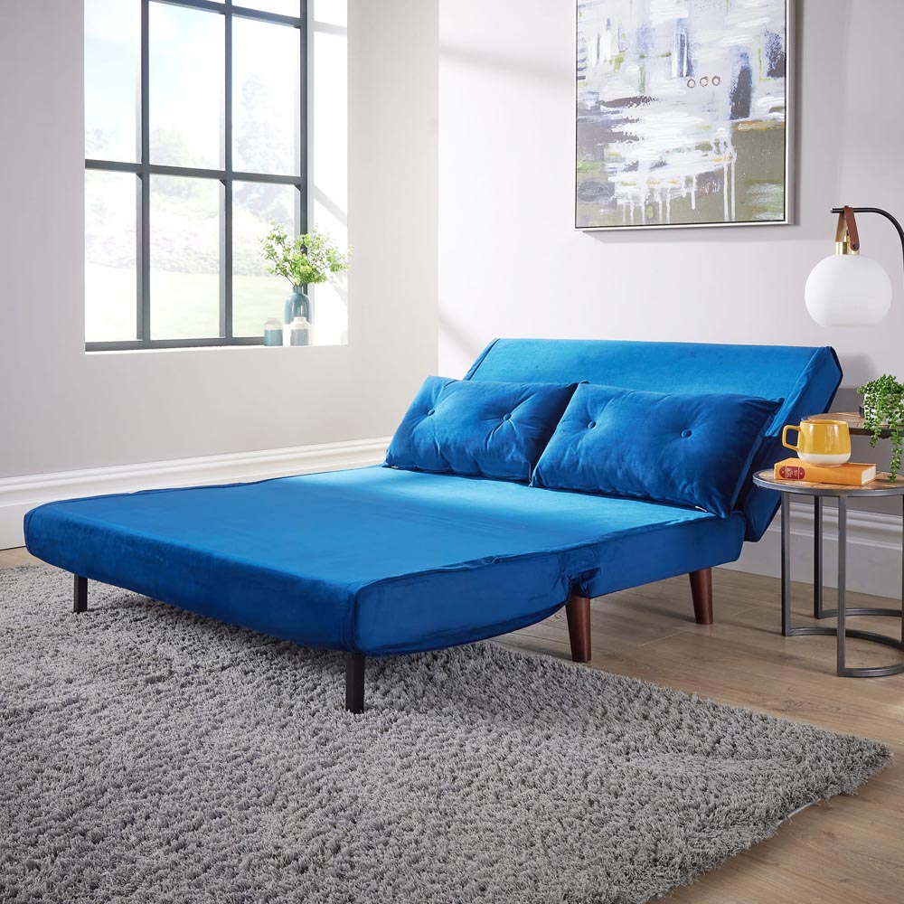 Home Source Morella 2 Seater Blue Velvet Folding Sofa Bed with Pillow Image 5