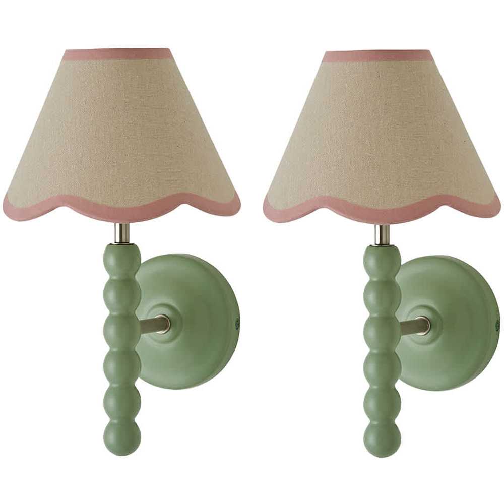 ValueLights Pink Trim Scallop Shade Green Bobbin LED Wall Light with Bulb 2 Pack Image 1