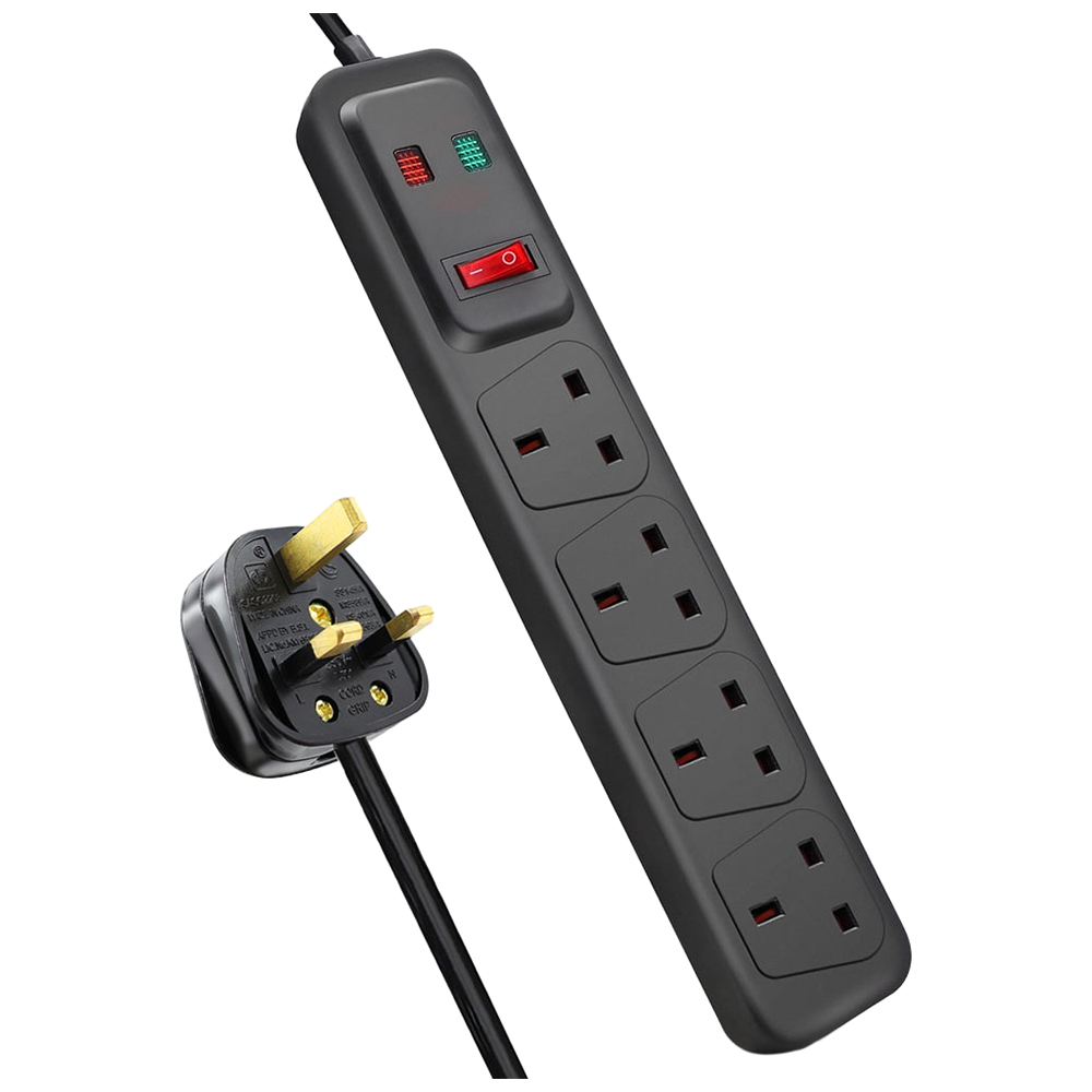 ExtraStar 4 Gang 13A Black Switched Surge Protected Extension Lead 2m Image 1