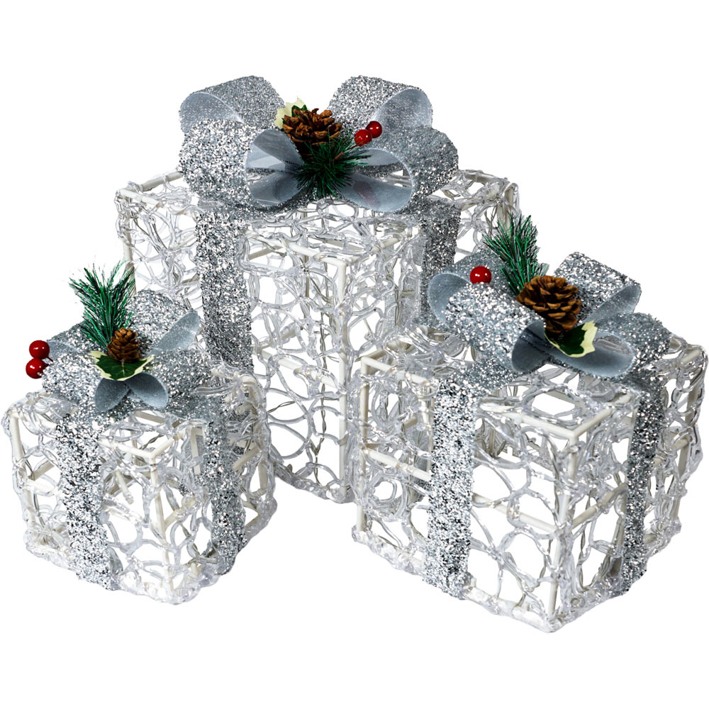 St Helens Silver LED Light Up Gift Box Christmas Decoration 3 Pack Image 2