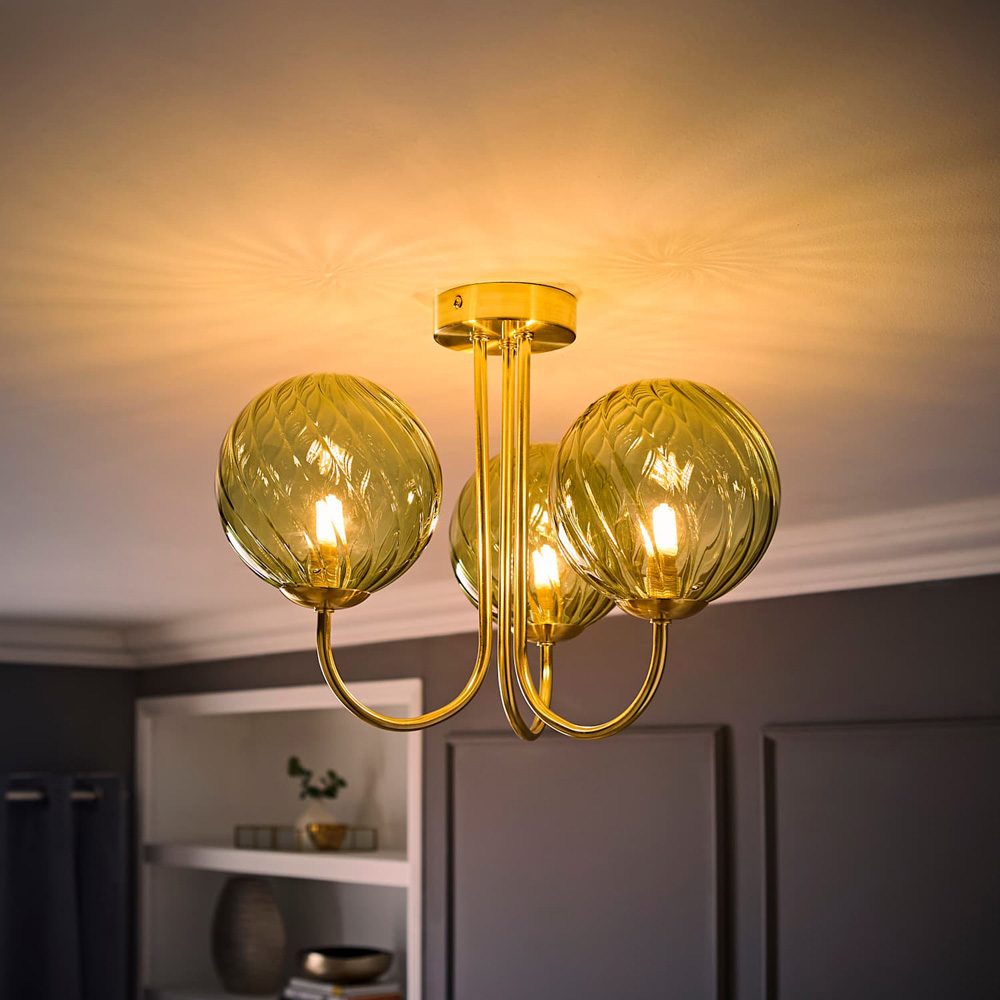 ValueLights Sydney Brushed Gold 3-Arm Chandelier with Glass Shade and Bulb Image 2