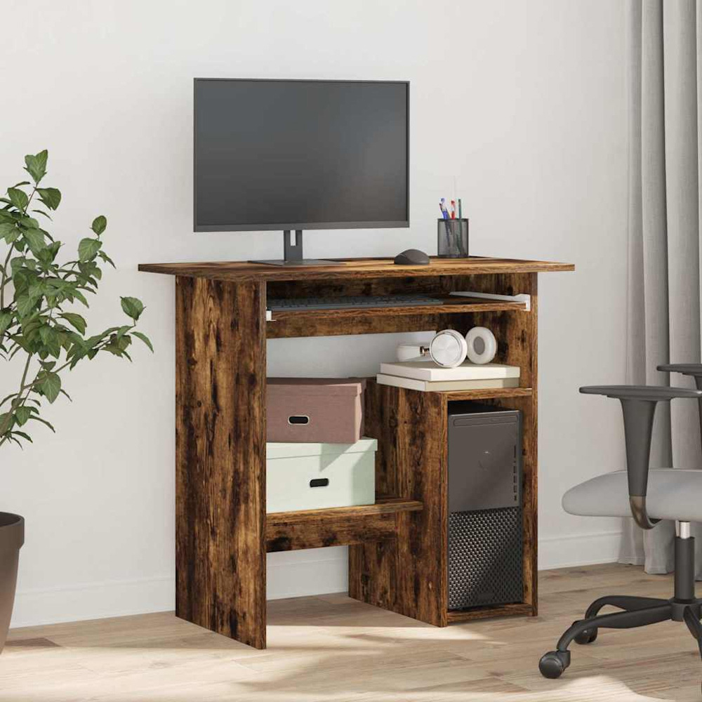 vidaXL 3 Shelf Computer Desk with Keyboard Tray Smoked Oak Image 8