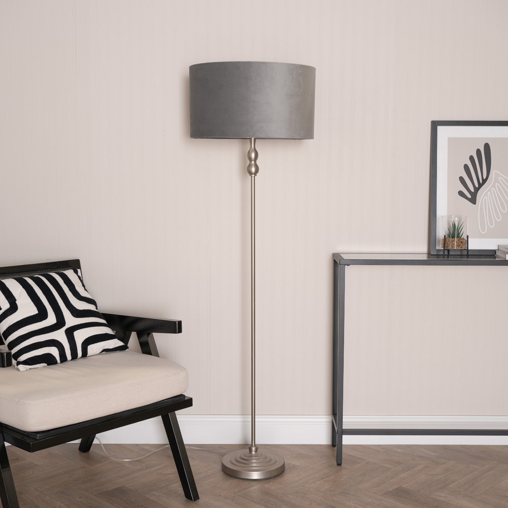 ValueLights Maggie Chrome Candlestick LED Floor Lamp with Grey and Chrome Velvet Lamp Shade Image 2