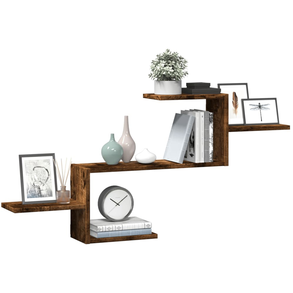 vidaXL 5 Shelf Smoked Oak Floating Wall Shelf Image 2